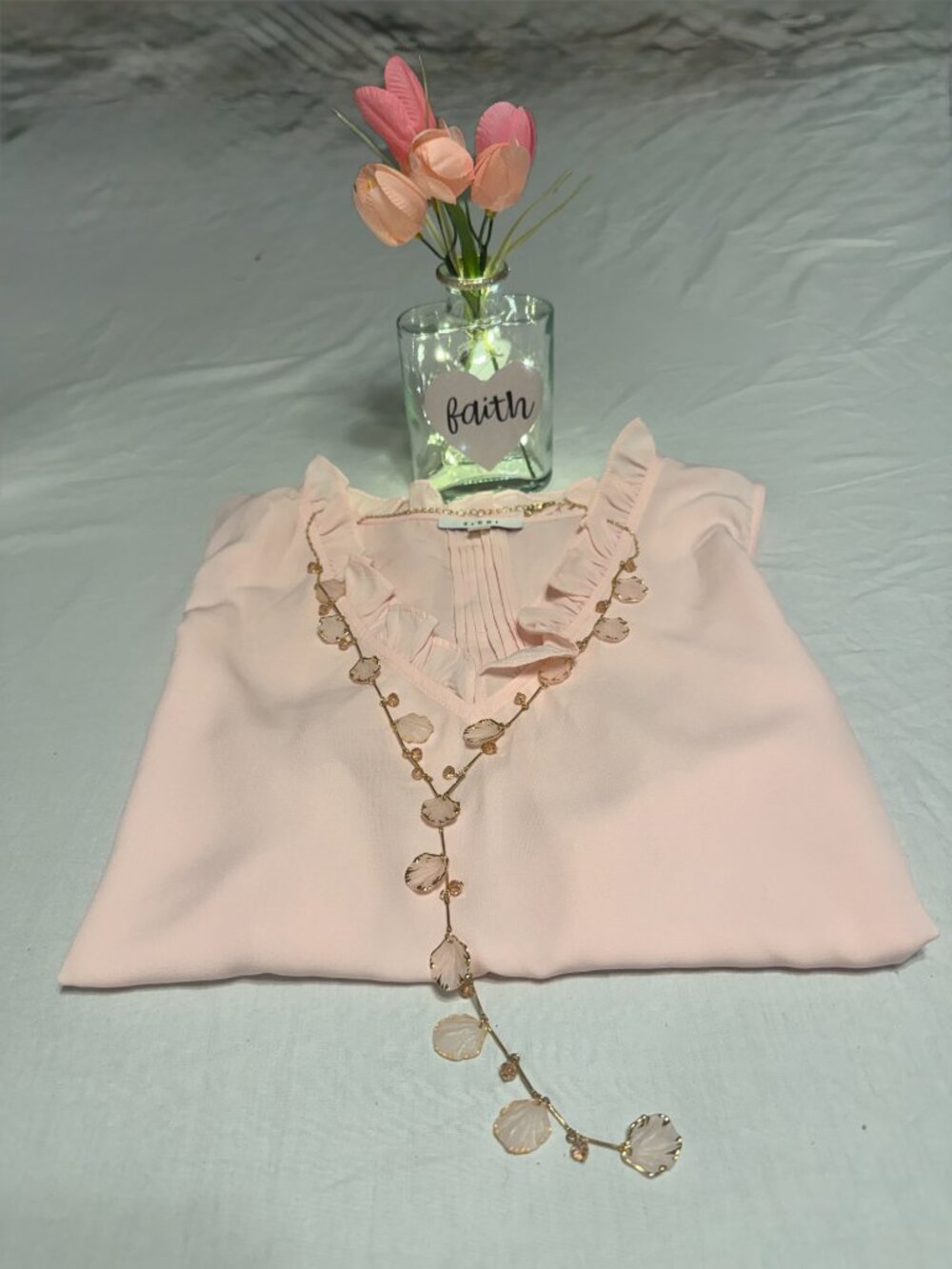 Sioni Soft Blush Pink XL Blouse, Shell Shaped Stone Y-Necklace and Vase Decor